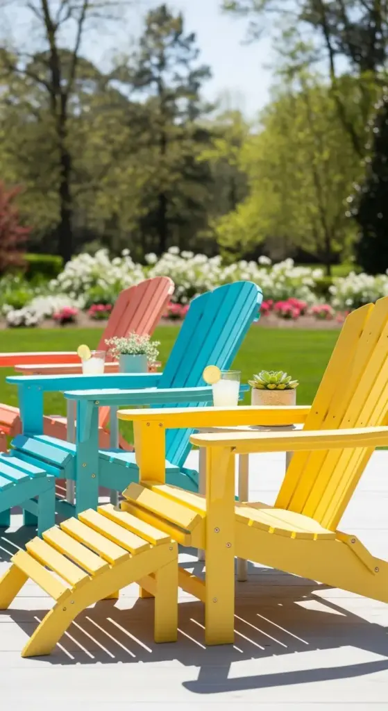A sunny outdoor deck featuring three vibrant Adirondack chairs in coral, turquoise, and bright yellow, each paired with a refreshing glass of lemonade and a small potted succulent—a bold and cheerful inspiration for Spring Porch Ideas.