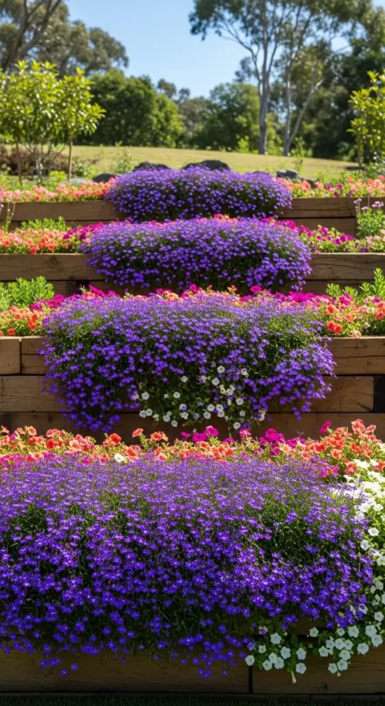 A beautiful wooden terraced garden featuring overflowing cascades of purple lobelia and vibrant orange and pink petunias—a creative solution for hillside Dreamy Backyard Ideas.