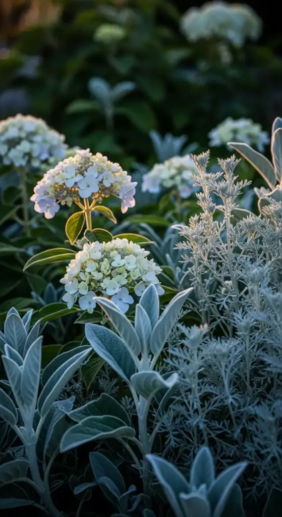 Soft white hydrangea blooms nestled among silvery-gray foliage of lamb’s ear and dusty miller, with dappled golden-hour light highlighting texture and contrast—showcasing refined hydrangea landscaping ideas that emphasize foliage harmony, color tonality, and layered depth for a serene, low-maintenance garden aesthetic.