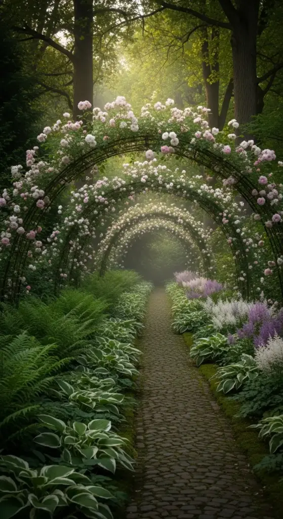 A magical cobblestone path disappearing into a misty woodland, lined with lush ferns and hostas under a series of metal arches heavy with pale pink climbing roses—a fairytale inspiration for atmospheric Rose Garden Ideas.