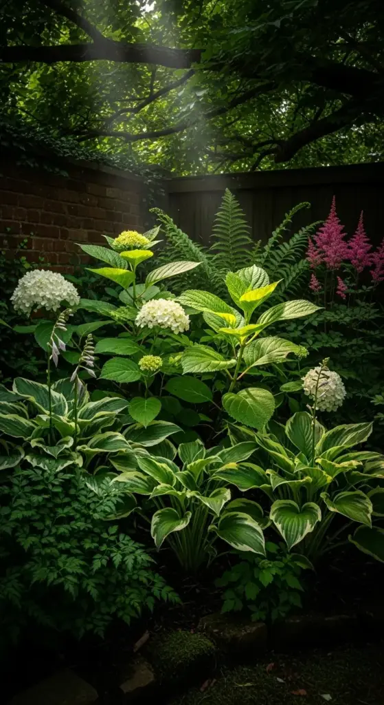 Fill dark shaded corners with vigorous hydrangea plants to brighten the area. Their large leaves capture available light and make gloomy spots feel inviting.