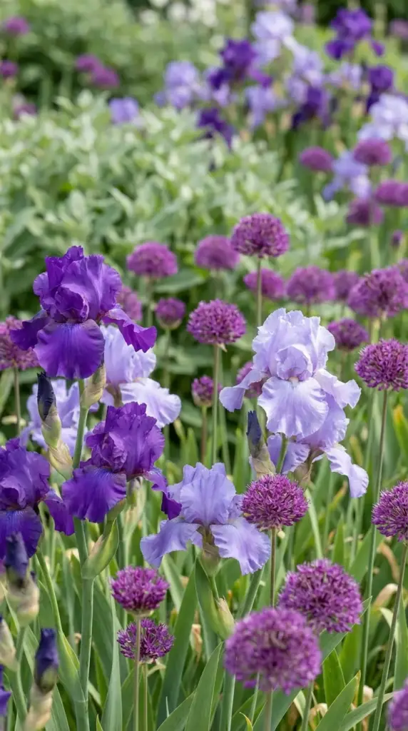 A stunning and textural display in a Spring Flower Garden featuring a mix of ruffled bearded irises in shades of deep royal purple and lavender, interspersed with tall, spherical purple allium globes and silvery-green foliage.