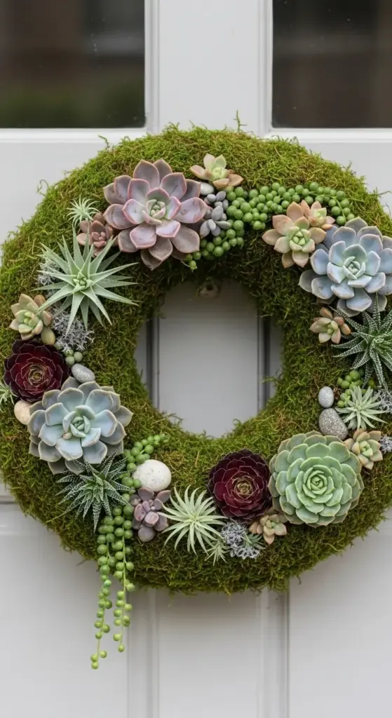 A lush, round wreath made of vibrant green moss and adorned with a variety of colorful succulents in shades of sage, purple, and burgundy—a unique and low-maintenance choice for Spring Porch Ideas.