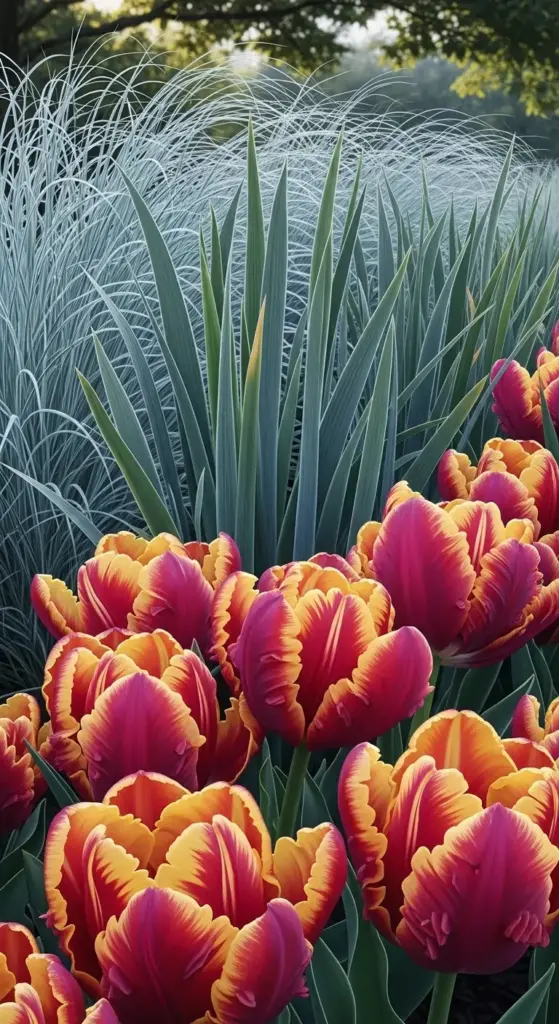 Pair ruffled parrot tulips with spiky iris foliage or feathery grasses like Carex. This interplay of shapes adds sophisticated depth beyond color alone—design for the discerning eye.