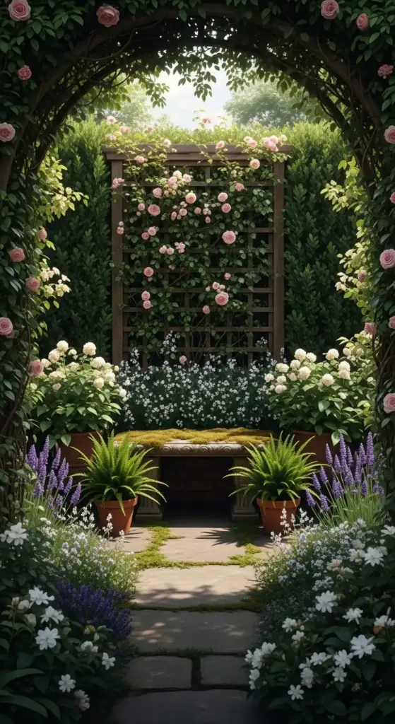A romantic stone bench tucked away in a private nook, framed by a rose-covered arch and a wooden trellis with climbing pink roses—an intimate setting for Dreamy Backyard Ideas.