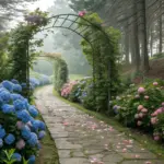 A misty, enchanting garden path lined with vibrant blue and pink hydrangea shrubs under a gracefully arched trellis draped in climbing vines—petals scattered across the stone walkway—exemplifying immersive, romantic hydrangea landscaping ideas that use repetition, color contrast, and vertical elements to create a dreamy, walkable floral corridor.