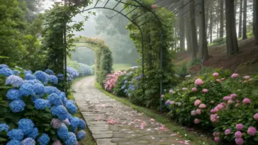 A misty, enchanting garden path lined with vibrant blue and pink hydrangea shrubs under a gracefully arched trellis draped in climbing vines—petals scattered across the stone walkway—exemplifying immersive, romantic hydrangea landscaping ideas that use repetition, color contrast, and vertical elements to create a dreamy, walkable floral corridor.