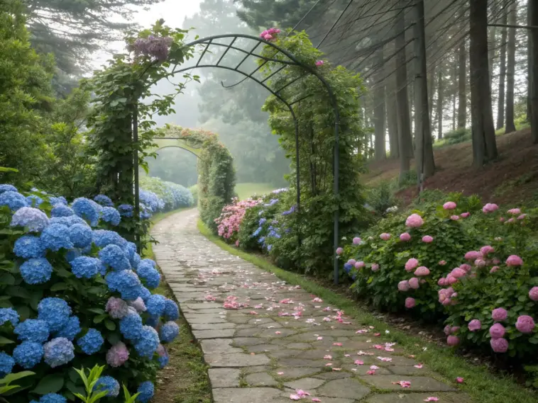 A misty, enchanting garden path lined with vibrant blue and pink hydrangea shrubs under a gracefully arched trellis draped in climbing vines—petals scattered across the stone walkway—exemplifying immersive, romantic hydrangea landscaping ideas that use repetition, color contrast, and vertical elements to create a dreamy, walkable floral corridor.