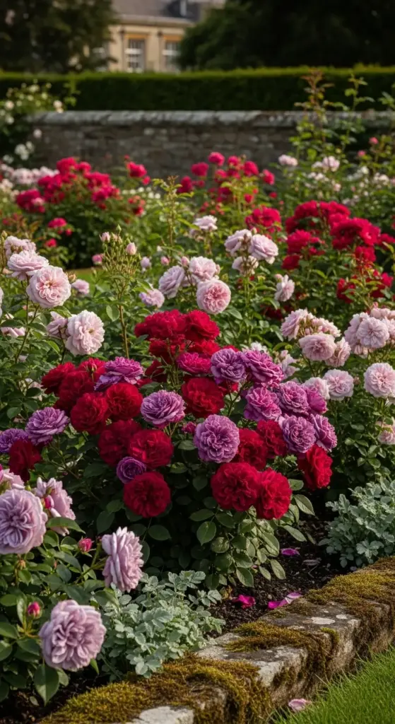 A vibrant garden bed showcasing a rich color palette of deep crimson, magenta, and soft violet roses in full bloom, bordered by a mossy stone edge—bold and colorful inspiration for Rose Garden Ideas.