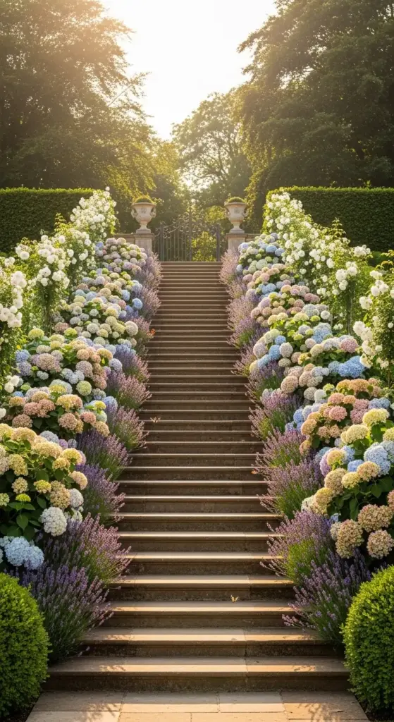 Line both sides of a garden staircase with matching hydrangea shrubs for symmetry. This formal approach guides guests upward while framing the ascent with beauty.