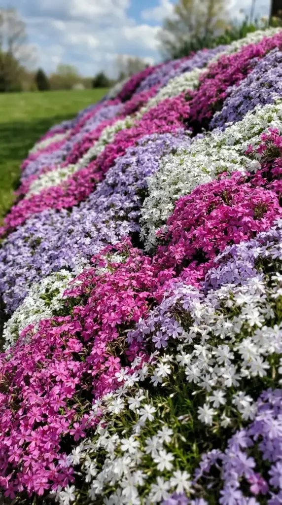 A vibrant and textured hillside in a Spring Flower Garden completely covered in thick, flowing drifts of creeping phlox in shades of magenta, lavender, and brilliant white, creating a natural floral carpet under a clear blue sky.