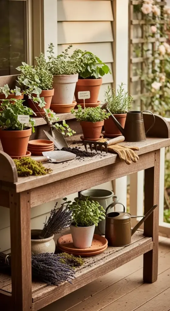 A charming wooden potting bench on a porch, organized with terracotta pots of fresh herbs, gardening hand tools, and vintage-style watering cans—a functional and stylish element for your Spring Porch Ideas.