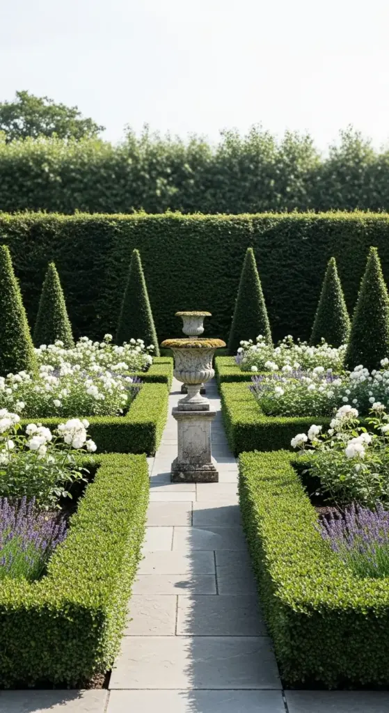 A sophisticated formal garden featuring a central stone urn on a pedestal, bordered by perfectly manicured boxwood hedges, white roses, and conical topiary trees—a masterclass in structured Dreamy Backyard Ideas.