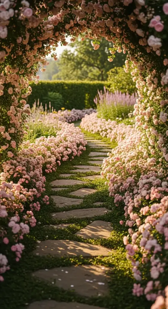 A dreamlike stone walkway winding through a lush garden, framed by a massive overhead arch of soft pink roses and lined with low-growing rose hedges in full bloom—the ultimate inspiration for romantic Rose Garden Ideas.