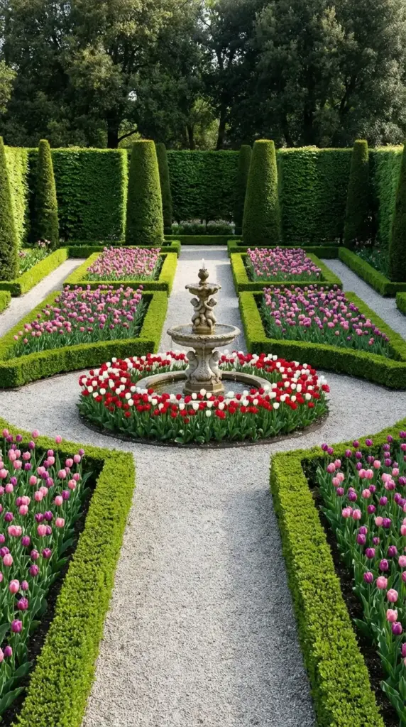 A meticulously manicured formal Spring Flower Garden featuring symmetrical gravel paths, low-clipped boxwood hedges, and vibrant rectangular beds of pink and purple tulips surrounding a tiered stone cherub fountain ringed by red and white blooms.