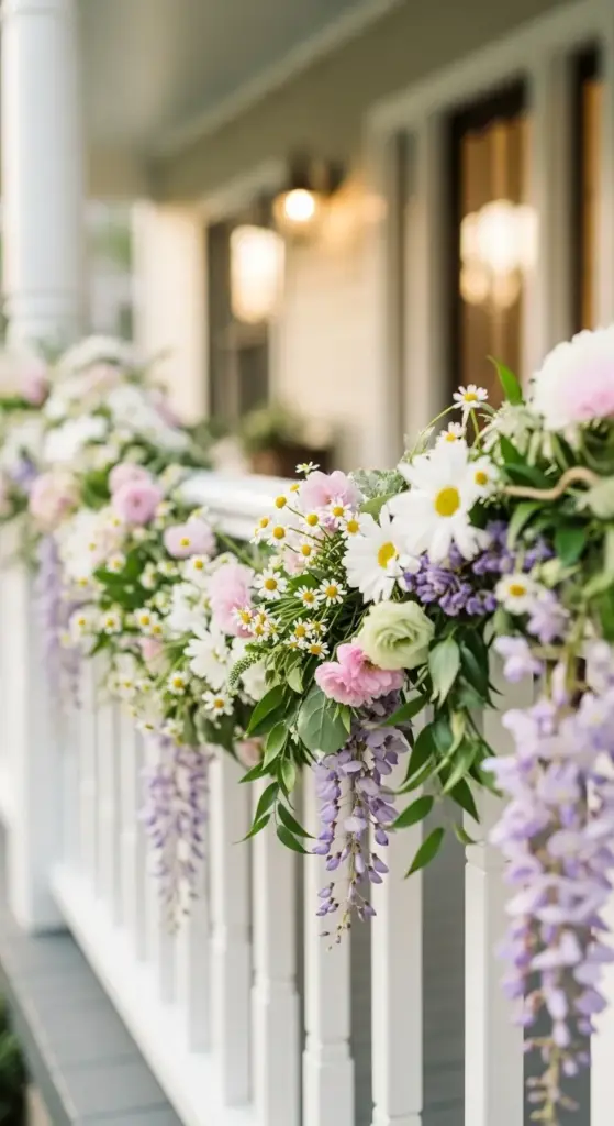 A stunning white porch railing draped in a lush, romantic garland of purple wisteria, white daisies, and pink ranunculus—a high-impact and fragrant inspiration for your Spring Porch Ideas.
