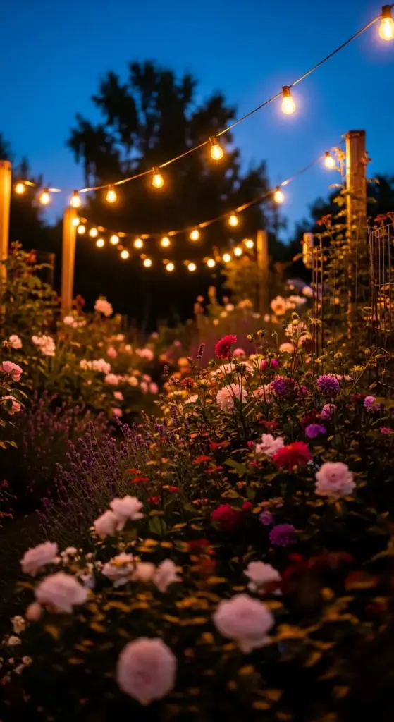 A lush flower garden at twilight featuring blooming pink roses and dahlias illuminated by overhead warm string lights—a cozy and inviting example of Dreamy Backyard Ideas.
