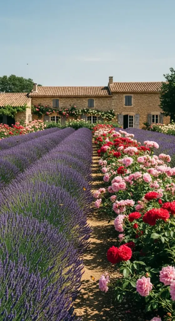 Long, parallel rows of vibrant purple lavender and multi-colored pink and red roses leading toward a rustic stone farmhouse in the French countryside—a breathtaking and expansive inspiration for Rose Garden Ideas.