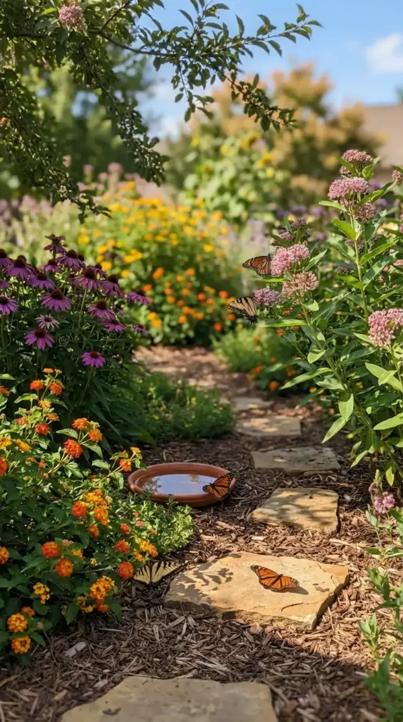 A rustic mulched garden path featuring natural stone steps and a shallow terra cotta butterfly puddler, flanked by vibrant purple coneflowers, orange lantana, and pink milkweed—a thriving pollinator habitat within a sunny Spring Flower Garden.
