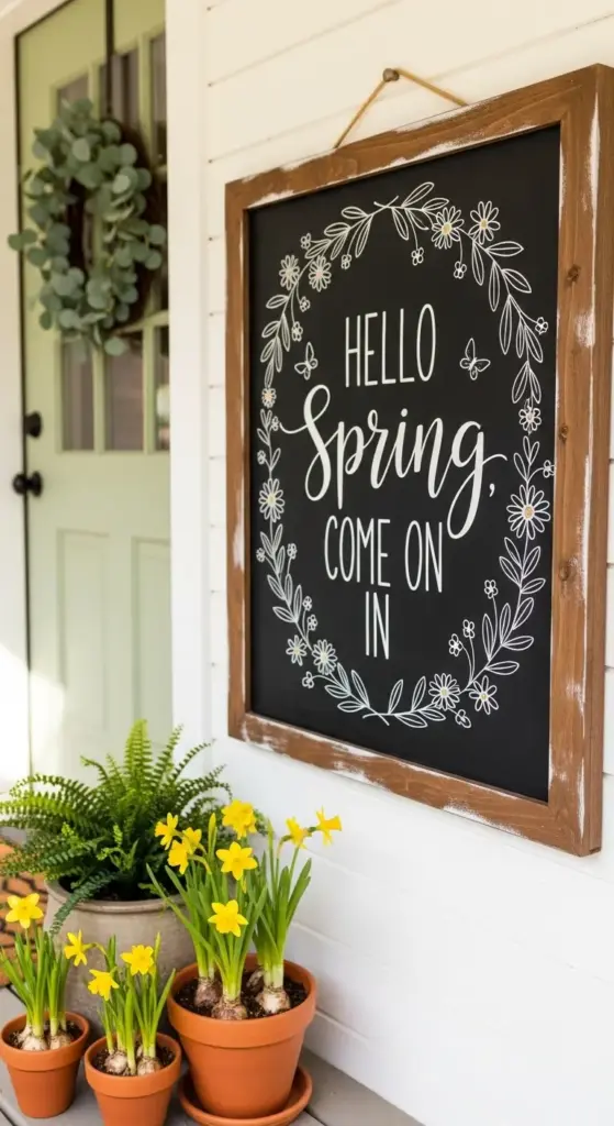 A large, wood-framed chalkboard hanging on a white porch wall featuring hand-lettered "Hello Spring, Come On In" text encircled by a delicate floral wreath, paired with terracotta pots of bright yellow daffodils—a charming and customizable choice for Spring Porch Ideas.