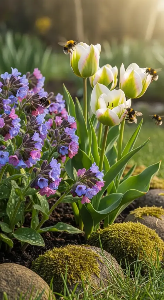 Include single-petal tulips (like 'Spring Green') alongside early-blooming perennials such as lungwort. Provide essential early-season nectar sources while enjoying graceful, open-faced blooms.