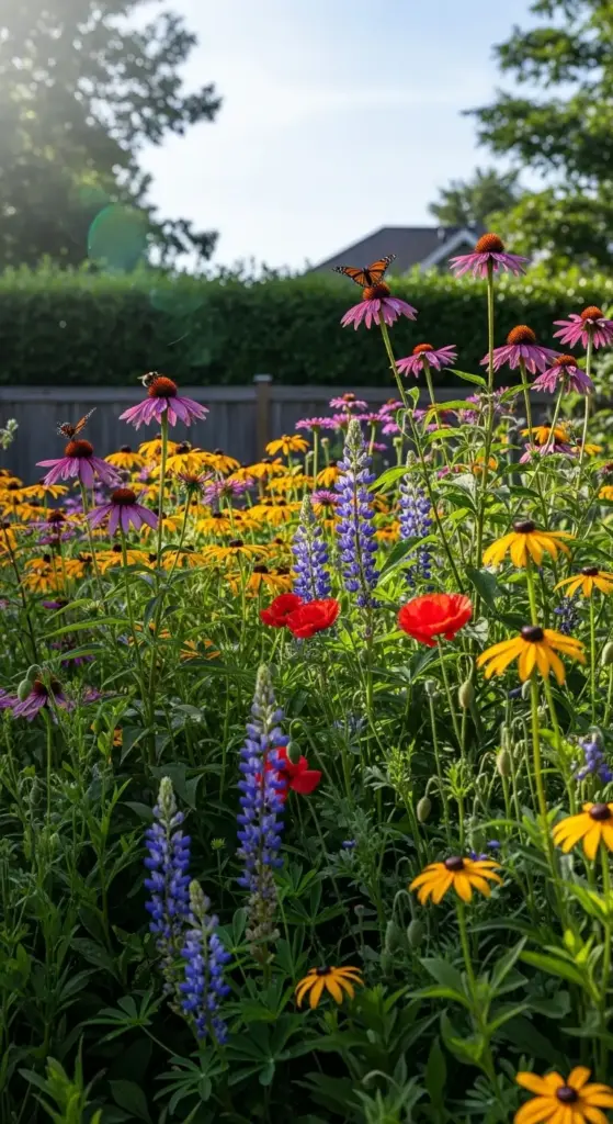 A sun-drenched garden bed filled with purple lupines, pink coneflowers, and yellow black-eyed Susans, attracting butterflies and bees to these vibrant Dreamy Backyard Ideas.