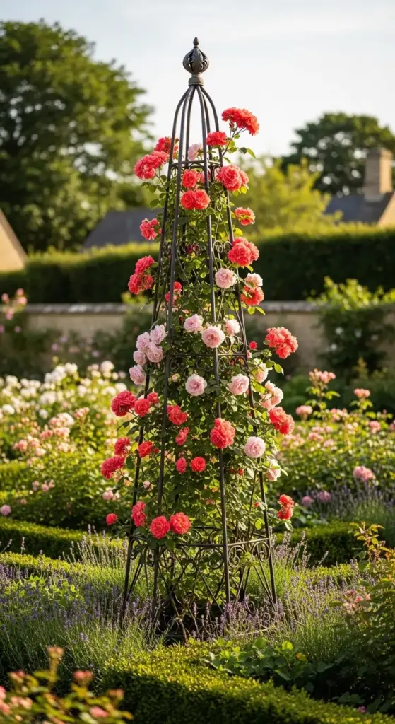 A tall, black metal garden obelisk entwined with blooming coral and soft pink climbing roses, standing as a centerpiece in a manicured landscape—a perfect structural element for vertical Rose Garden Ideas.