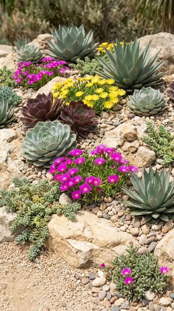 A textural and drought-tolerant Spring Flower Garden featuring various large blue-green agaves and rosettes of echeveria nestled among large boulders and gravel, accented by vibrant pink ice plants and yellow sedum in full bloom.