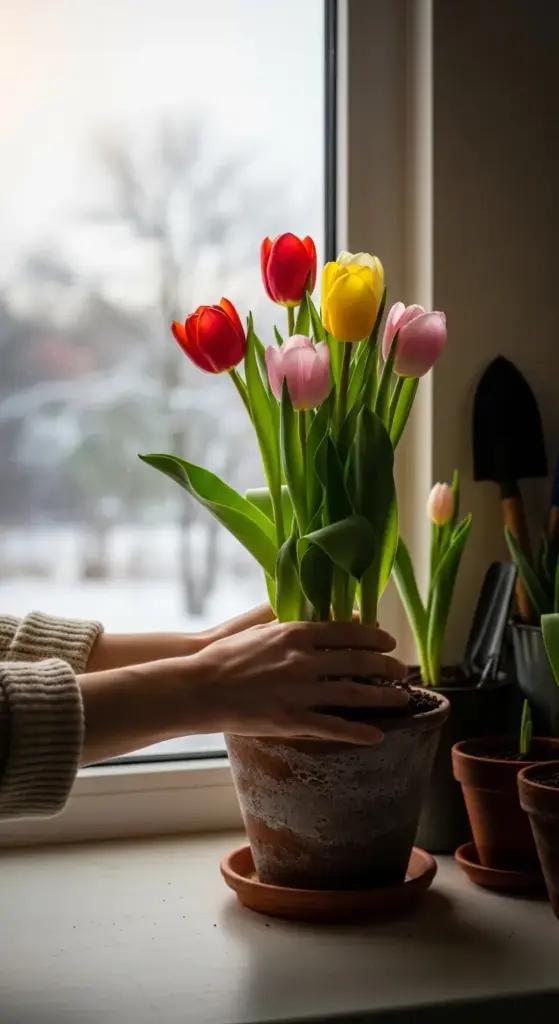 Plant tulip bulbs in decorative pots in fall, store in a cool garage, then bring into sunlight in late winter. Force early blooms to brighten gray days—a rewarding indoor-outdoor gardening bridge.