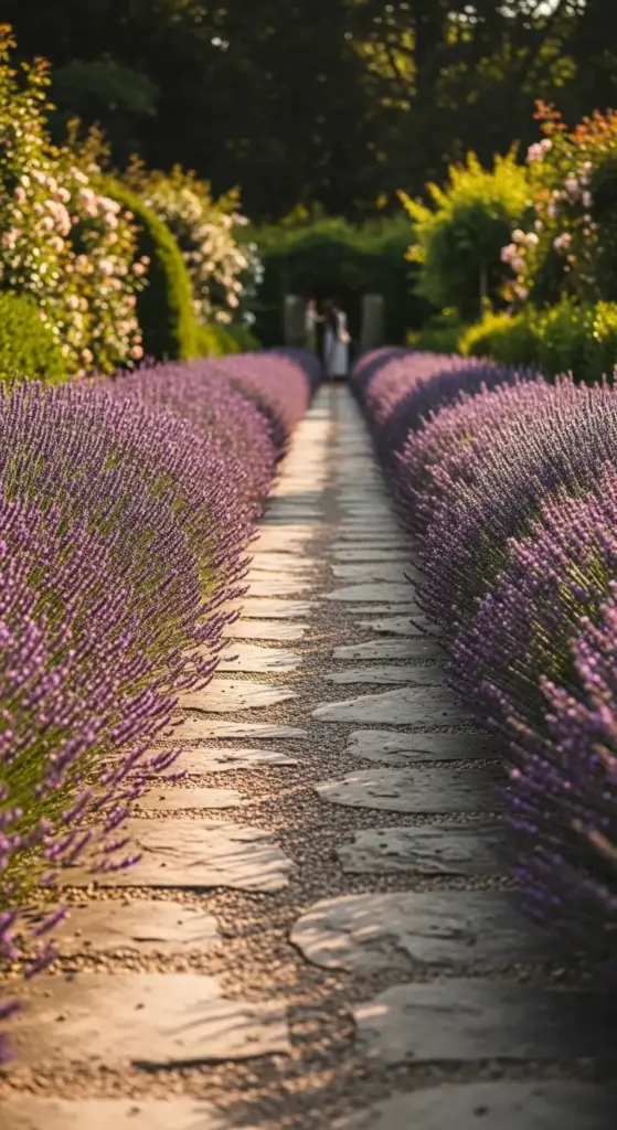 A long, sun-drenched stone path lined with dense, fragrant purple lavender bushes, leading toward a lush garden entrance—a sensory and beautiful example of Dreamy Backyard Ideas.