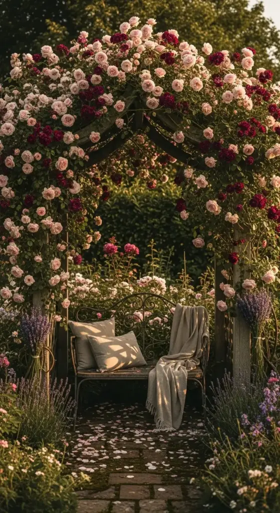 A romantic wrought-iron garden bench with soft pillows and a throw blanket, nestled under a rustic wooden arbor heavy with deep red and pale pink roses—a peaceful sanctuary for Rose Garden Ideas.