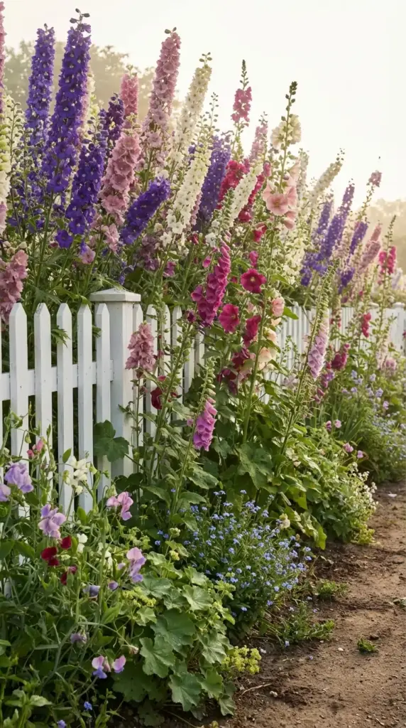 A classic and picturesque Spring Flower Garden scene featuring rows of tall, stately delphiniums and hollyhocks in shades of deep purple, lavender, and white, blooming densely along a crisp white picket fence with delicate blue forget-me-nots at their base.