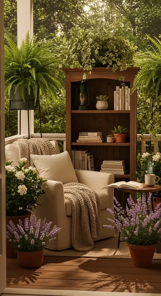 A peaceful outdoor library setup on a porch featuring a cream-colored armchair with a chunky knit throw, a dark wood bookshelf filled with books and small succulents, and a lush variety of potted ferns, lavender, and white gardenias—a cozy retreat for Spring Porch Ideas.