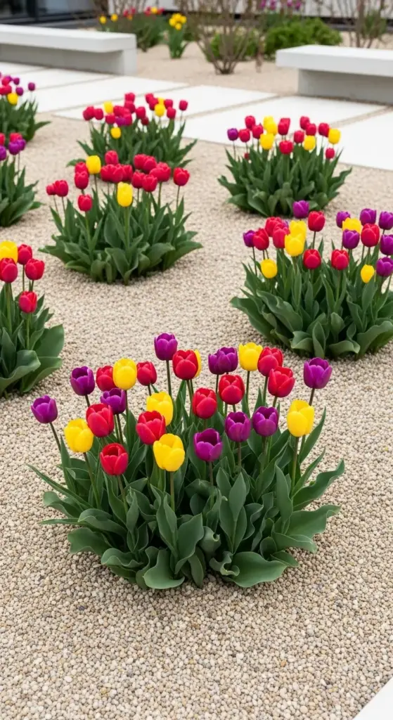 Set off bold tulip clusters against pale gravel mulch for modern, low-maintenance elegance. The neutral backdrop makes every petal hue vibrate with intensity while suppressing weeds.