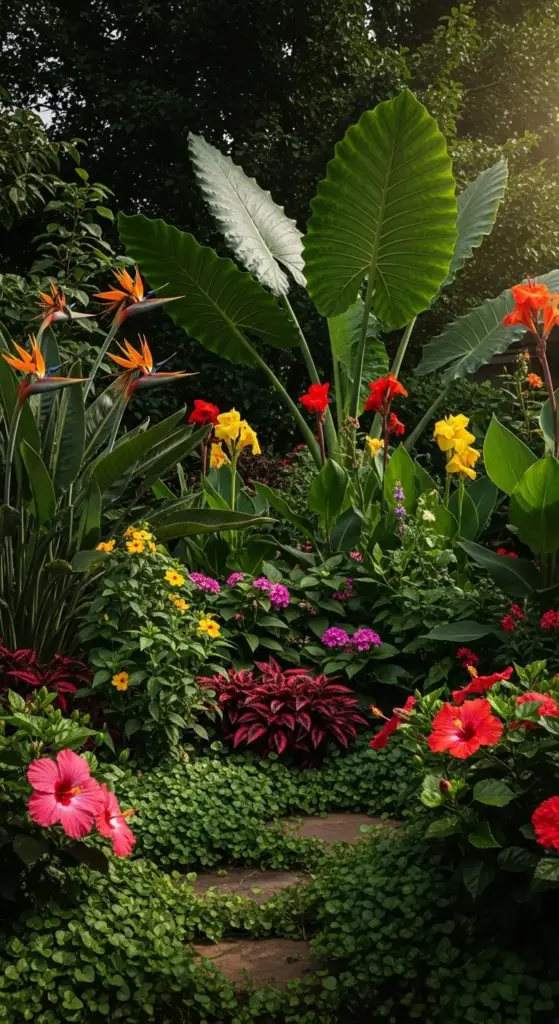 A lush tropical garden featuring giant elephant ear leaves, vibrant orange Birds of Paradise, and bright pink hibiscus flowers—a bold and exotic inspiration for Dreamy Backyard Ideas.
