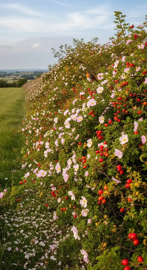 A wild and natural garden border featuring a dense thicket of pale pink dog roses and bright red rose hips, with a small robin perched among the branches—a beautiful and wildlife-friendly inspiration for Rose Garden Ideas.