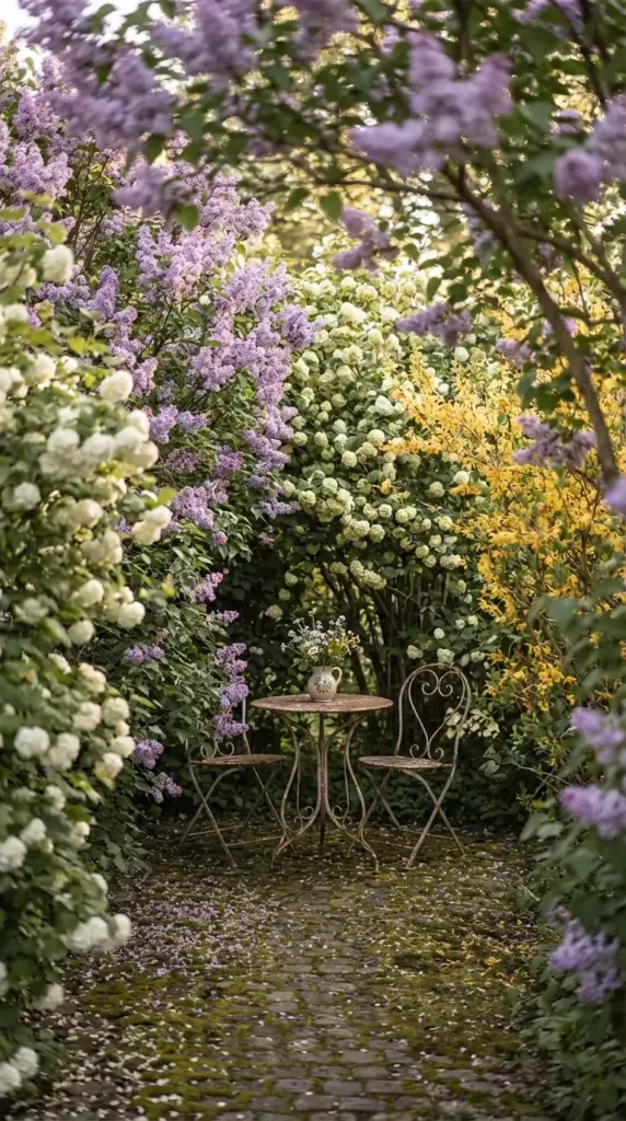 A romantic, hidden seating area within a Spring Flower Garden featuring a vintage wrought iron bistro set tucked away in a flowering tunnel of fragrant purple lilacs, white snowball viburnum, and bright yellow forsythia.