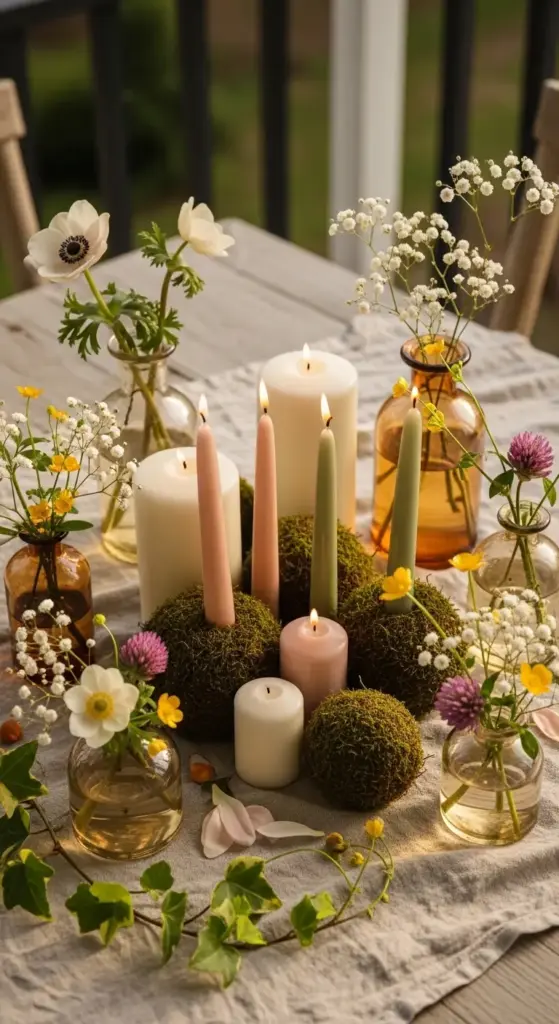 An elegant outdoor table setting featuring various pillar and taper candles in soft pink, sage, and white, nestled among moss balls and delicate glass bud vases filled with white anemones, baby's breath, and yellow wildflowers—a sophisticated choice for Spring Porch Ideas.