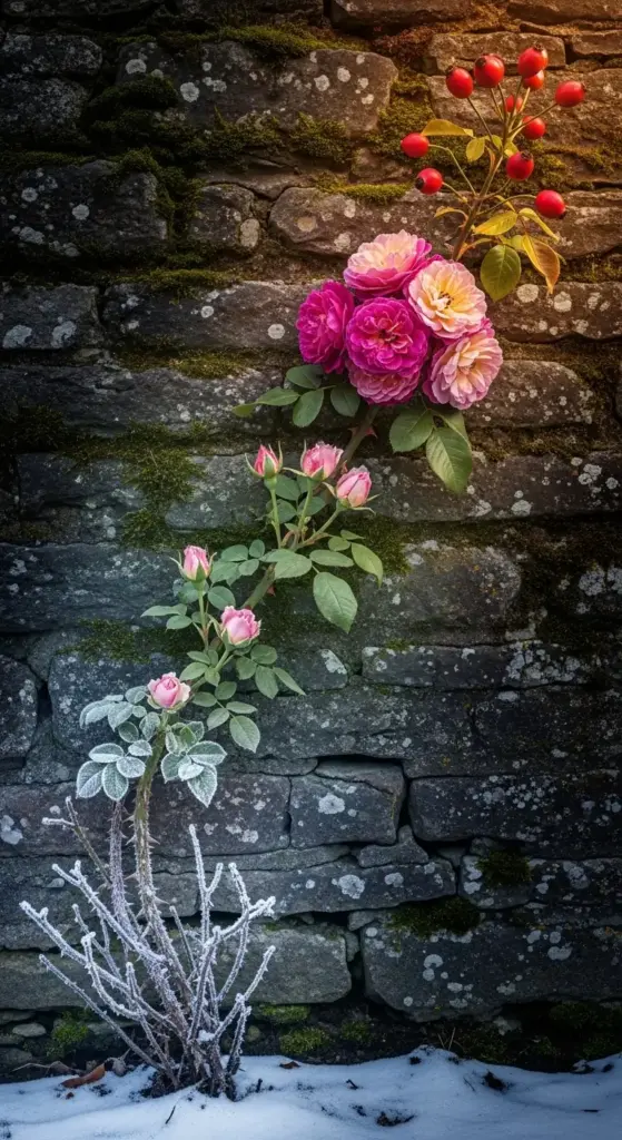 A creative vertical composition against a rustic stone wall showing the life cycle of a rose—from frost-covered winter stems at the base to delicate pink buds, vibrant magenta blooms in the center, and bright red rose hips at the top—a unique and educational inspiration for year-round Rose Garden Ideas.