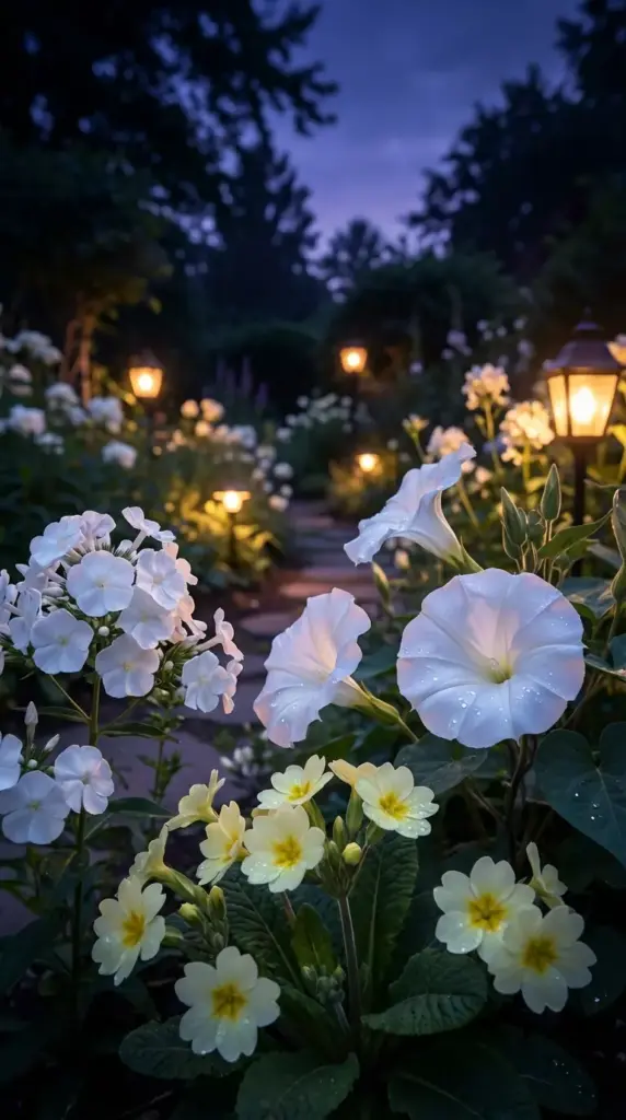 A peaceful evening scene in a Spring Flower Garden featuring large, moon-like white petunias and clusters of pale yellow primrose, softly illuminated by the warm glow of vintage garden lanterns lining a stone pathway under a twilight sky.