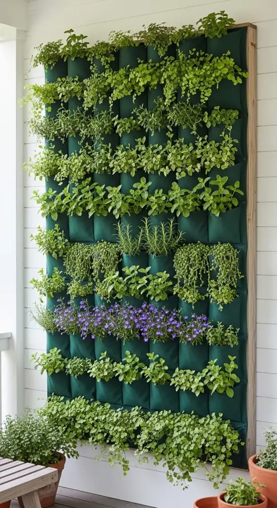 A large, dark green fabric wall planter with multiple pockets mounted on a white porch wall, filled with a lush variety of trailing ivy, rosemary, mint, and purple lobelia—a space-saving and edible solution for Spring Porch Ideas.