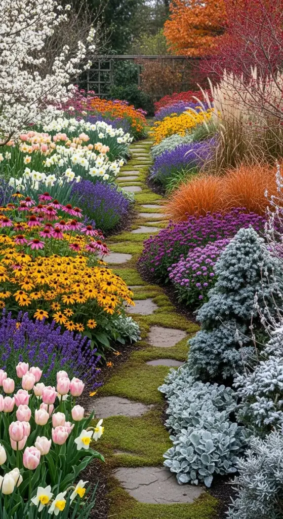 A winding stone path bordered by a spectacular variety of colors, including pink tulips, purple lavender, yellow black-eyed Susans, and silvery lamb's ear—a breathtaking display of year-round Dreamy Backyard Ideas.