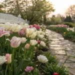 A serene spring Tulip Garden features rows of white, pink, and bicolor tulips blooming along a stone pathway, bordered by a classic white picket fence, with soft golden-hour light filtering through leafy trees and a house in the background.