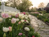 A serene spring Tulip Garden features rows of white, pink, and bicolor tulips blooming along a stone pathway, bordered by a classic white picket fence, with soft golden-hour light filtering through leafy trees and a house in the background.