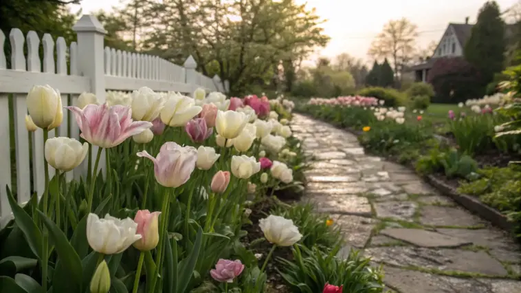 A serene spring Tulip Garden features rows of white, pink, and bicolor tulips blooming along a stone pathway, bordered by a classic white picket fence, with soft golden-hour light filtering through leafy trees and a house in the background.