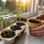 ​A close-up of hands holding a small terracotta pot next to young seedlings growing in a recycled egg carton on a sunny windowsill, illustrating a simple method of seed starting for beginners.