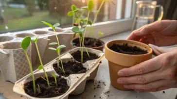 ​A close-up of hands holding a small terracotta pot next to young seedlings growing in a recycled egg carton on a sunny windowsill, illustrating a simple method of seed starting for beginners.