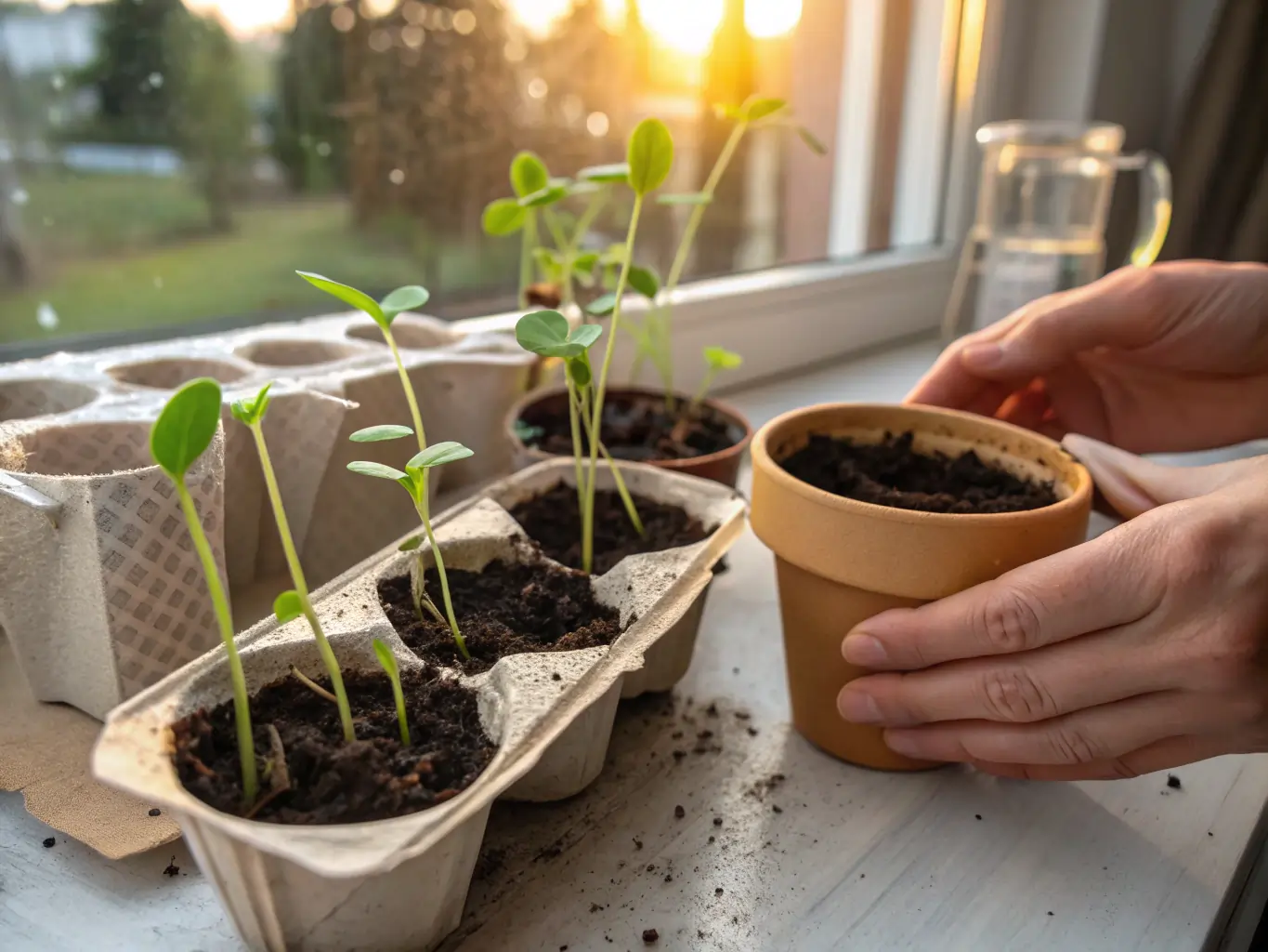 ​A close-up of hands holding a small terracotta pot next to young seedlings growing in a recycled egg carton on a sunny windowsill, illustrating a simple method of seed starting for beginners.