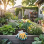 A pair of yellow and blue gardening gloves rests on the wooden edge of a productive raised bed, ready for work. This Veg Garden demonstrates effective Garden Help techniques, featuring a diverse mix of lush leafy greens, tall green onions, and colorful flowering herbs like purple lavender and yellow daisies. The sunlit backyard setting includes a neat stone path and a tiered plant rack, creating an organized environment for urban gardening.