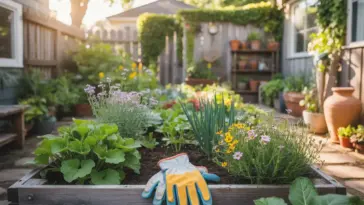 A pair of yellow and blue gardening gloves rests on the wooden edge of a productive raised bed, ready for work. This Veg Garden demonstrates effective Garden Help techniques, featuring a diverse mix of lush leafy greens, tall green onions, and colorful flowering herbs like purple lavender and yellow daisies. The sunlit backyard setting includes a neat stone path and a tiered plant rack, creating an organized environment for urban gardening.